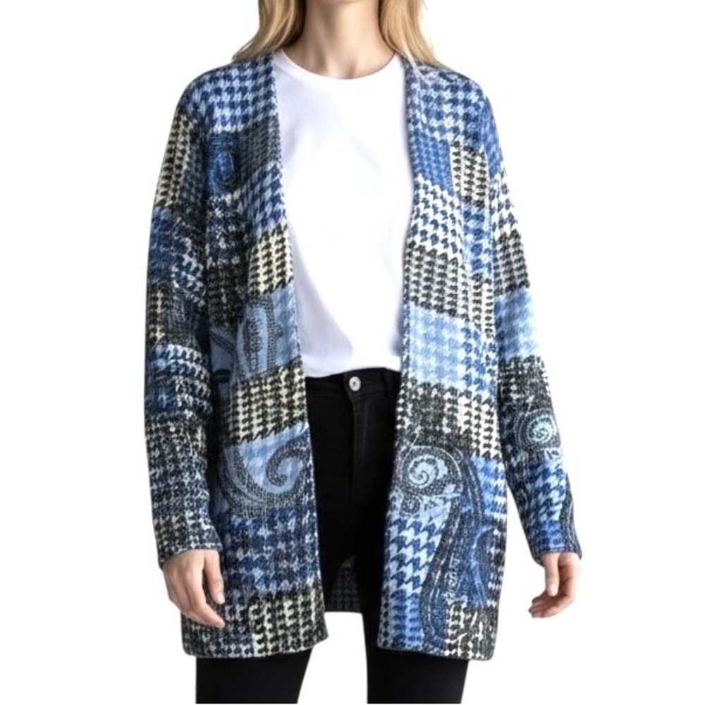 Talbots Merino Wool Open Front Cardigan Blue Gray Hounds Tooth Paisley Womens XL